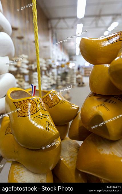 Holland, Michigan - Wooden shoes on sale at the De Klomp Wooden Shoe and Delft Factory, part of the Veldheer Tulip Farm. The city's Dutch heritage is on display...