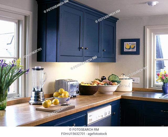 Blue fitted cupboard above wooden worktop with electric blender and toaster