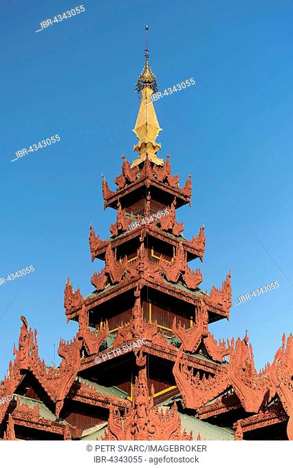 Ornate roof of the prayer hall at Shwedagon Pagoda, Yangon, Rangoon, Myanmar