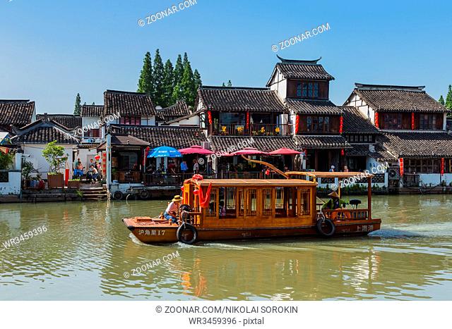 Shanghai, China - May 23, 2018: Boat cruise on the canal in Zhujiajiao water town