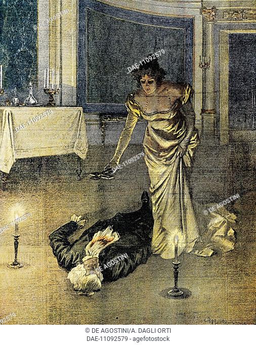 The death of Scarpia at the end of Act II of Tosca by Giacomo Puccini, plate by Achille Beltrame (1871-1945), La Domenica del Corriere, February 4, 1900