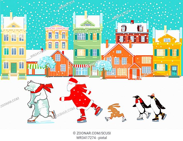 Weihnachtsmann mit eisbär, pinguin und hase, beim schlittschuhlaufen, Illustration
