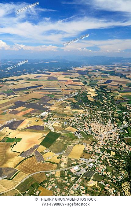Aerial view of plateau de Valensole and Valensole town, Alpes de Haute Provence, France