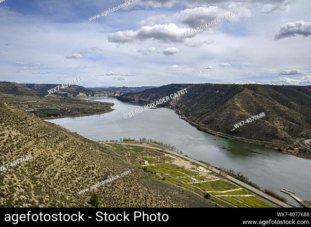 Ebro, Segre and Cinca rivers confluence in Mequinenza (Baix Cinca, Aragon, Spain)