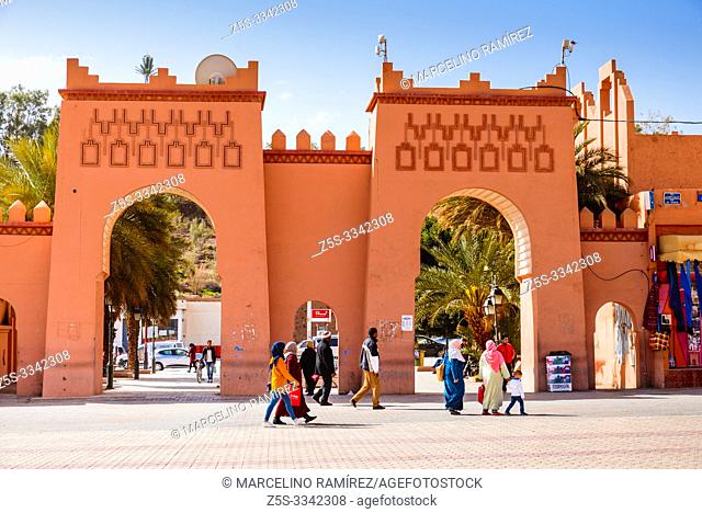 Entrance arches to the Place Al-Mouahidine square. Berber popular architecture. Ouarzazate, Drâa-Tafilalet, Morocco, North Africa