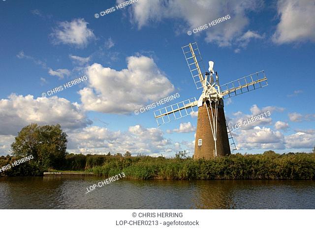 England, Norfolk, How Hill, Boardmans traditional open framed timber windmill on the Norfolk Broads
