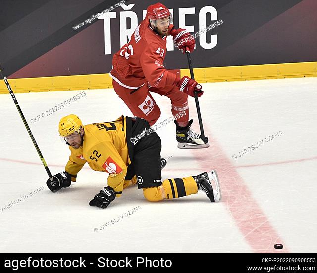 L-R Arvid Lundberg (Skelleftea) and Daniel Kurovsky (Trinec) in action during the Champions Hockey League, Group H, match HC Ocelari Trinec vs Skelleftea AIK