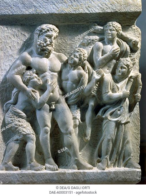 Roman civilization. Marble sarcophagus with relief depicting the life of Ariadne at Naxos. From Alexandria. Detail: Hercules drunk, supported by two fauns