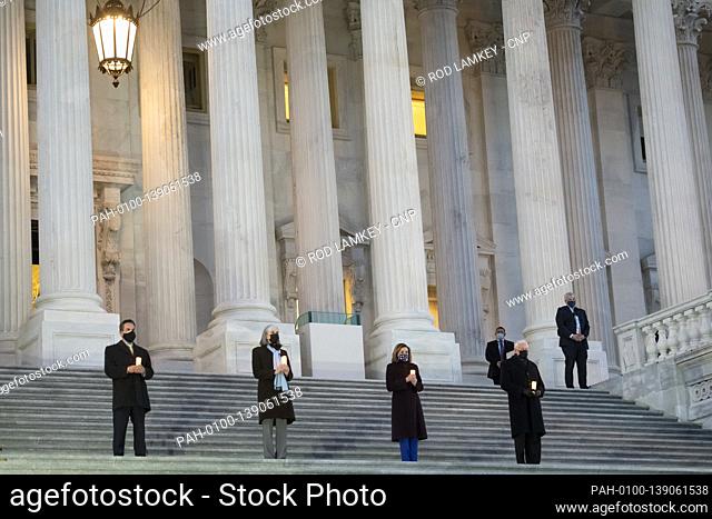 Speaker of the United States House of Representatives Nancy Pelosi (Democrat of California), second from right, is joined by United States House Majority Leader...