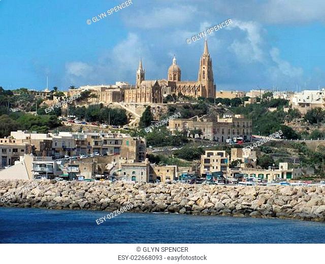 The church of Our Lady of Lourdes overlooks Mgarr harbour