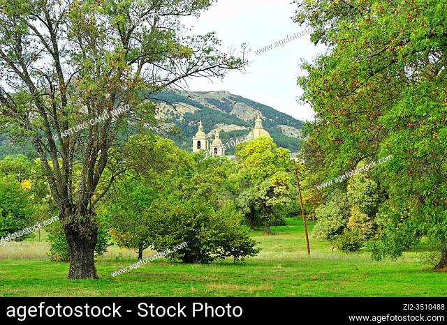 The Dome and towers of the Monestry of San Lorenzo outstanding among the Forest de La Herreria. San Lorenzo del Escorial town, Madrid province, Spain