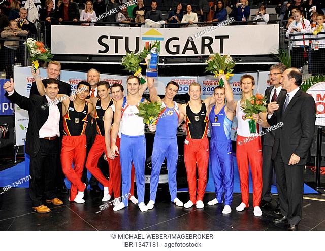 Champions Trophy 2009, victory ceremony around Maxim Deviatvski, Russia, and Fabian Hambuechen, Germany, EnBW Gymnastics World Cup 2009, Porsche-Arena Stuttgart