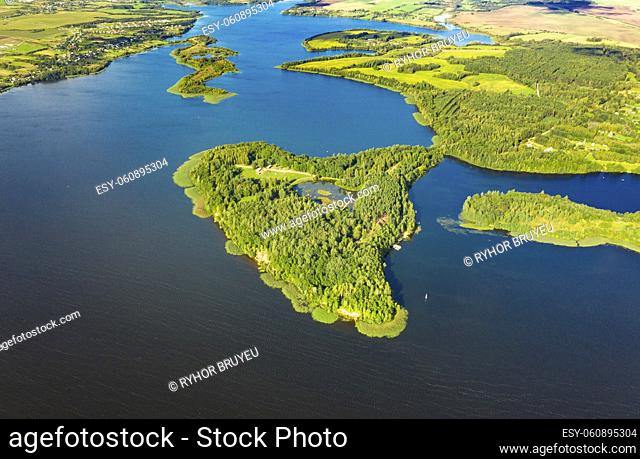 Lyepyel District, Vitebsk Region, Belarus. Aerial View Of Lepel Lake With Natural Small Islands