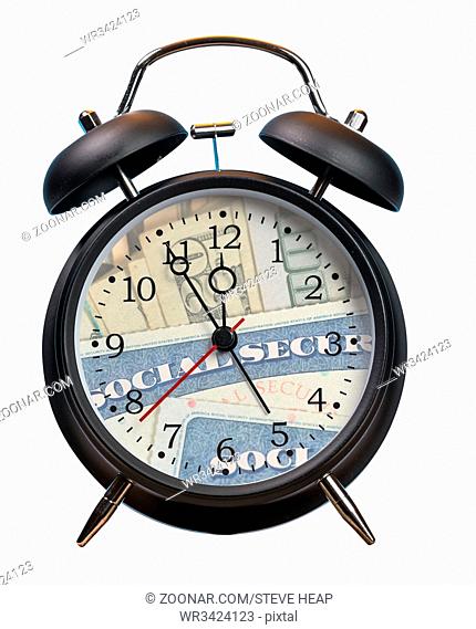 Time running out concept for Social Security trust fund with alarm clock approaching midnight and face replaced by card and cash
