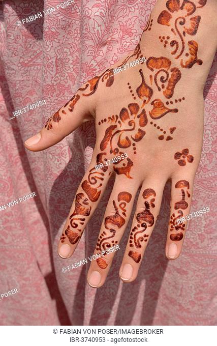Henna tattoos or mehndi tattoos on a woman's hand, Marrakesh, Marrakesh-Tensift-El Haouz region, Morocco
