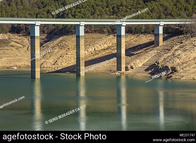 La Baells reservoir with a very low water level (26%) during the 2023 drought (Berguedá , Barcelona, Catalonia, Spain, Pyrenees)