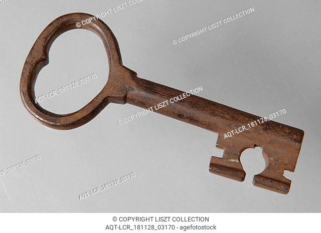 Iron key with heart-shaped eye, hollow key handle and rectangular and round notches in beard, key iron iron, hand forged Key with heart-shaped eye (handle)...