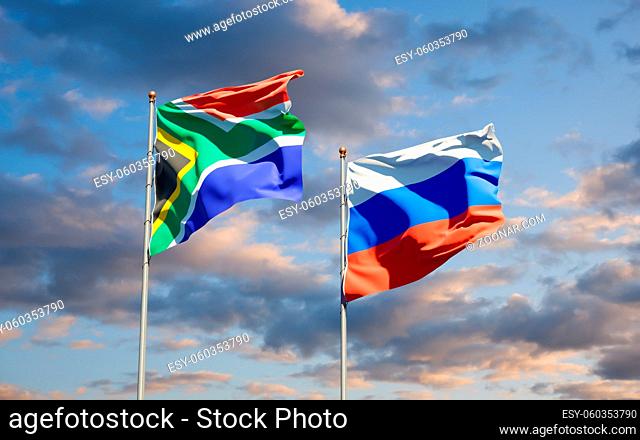 Beautiful national state flags of South Africa and Russia together at the sky background. 3D artwork concept