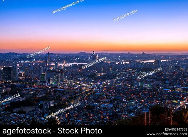 Dusk city view of Seoul. Suitable for a futuristic o night blue hour view for a modern city