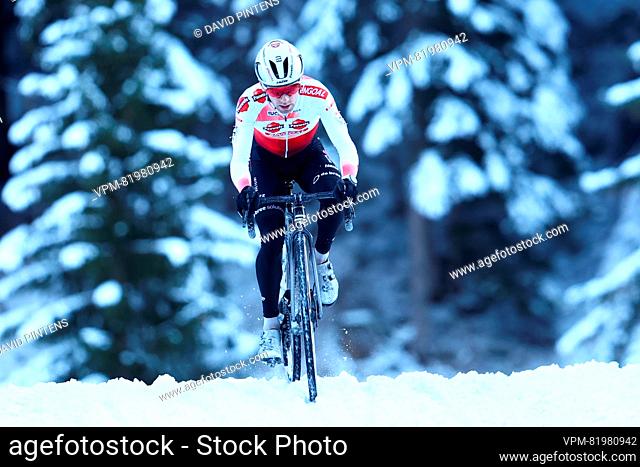 Belgian Eli Iserbyt pictured in action during the men's elite race at the Val di Sole Trentino cyclocross cycling event, on Sunday 10 December 2023 in Italy