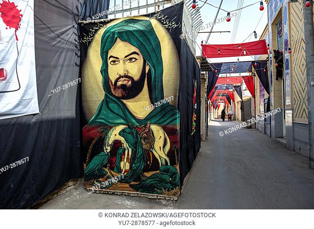 Portrait of Imam Husayn ibn Ali during Muharram month on a street of Old Town in Kashan city, capital of Kashan County of Iran