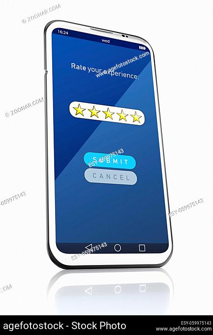 Five stars rating screen on smartphone. 3D illustration
