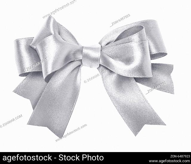 Shiny silver satin ribbon on white background