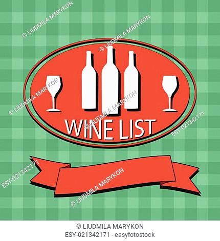 Flat Wine List Menu on striped background fabric. Card Design template logo. Vector illustration poster. EPS10