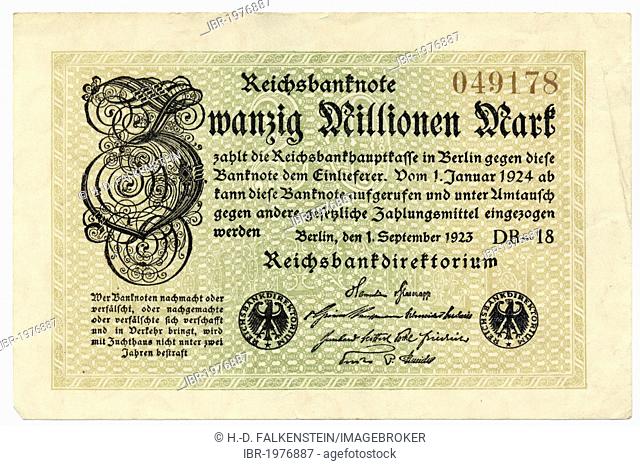 Front of a banknote, Reichsbank banknote, 20 Million Marks, 1923, inflation money, Germany, Europe