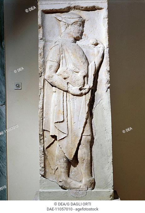 Greek civilization, 5th century b.c. Stele with relief depicting Hermes. From Larisa, Greece.  Athens, Ethnikó Arheologikó Moussío (National Archaeological...