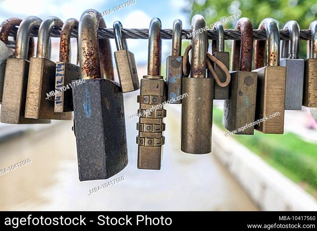 Love padlocks on a bridge, Butchers' Bridge, Ljubljana, Slovenia, Europe