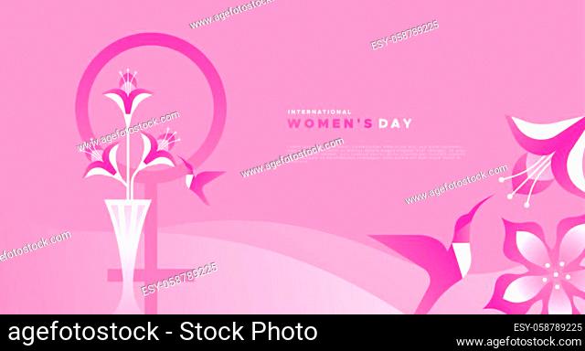 International Women's Day greeting card template illustration of spring flowers and humming bird in abstract flat gradient style