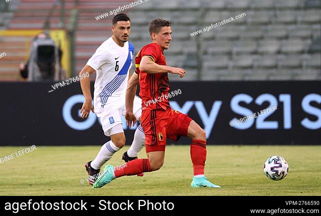 Greece Kostas Tsimikas and Belgium's Dennis Praet fight for the ball during a friendly game of the Belgian national soccer team Red Devils and Greece national...