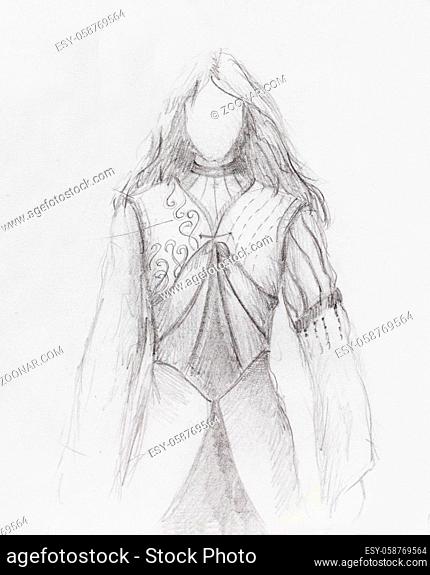 sketch of mystical woman in beautiful ornamental dress inspired by middle age design