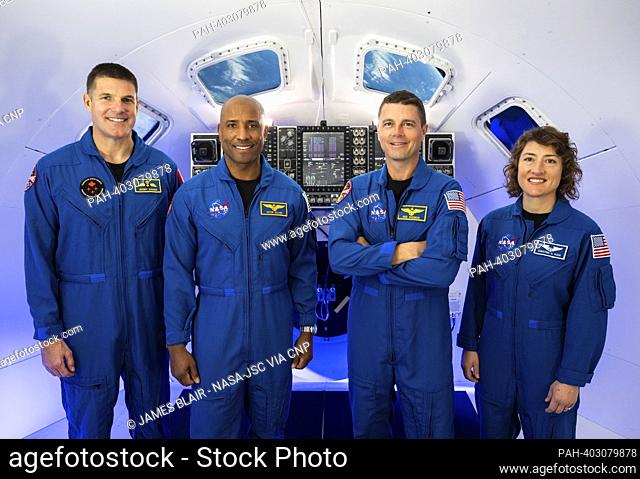 From left to right: CSA astronaut Jeremy Hansen and NASA astronauts Victor Glover, Reid Wiseman, and Christina Hammock Koch were announced Monday, April 3