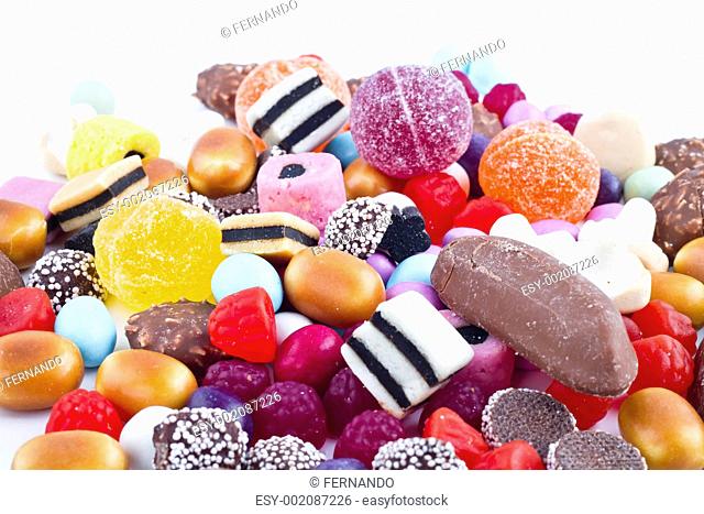 Many candy on white background.Fruit snacks