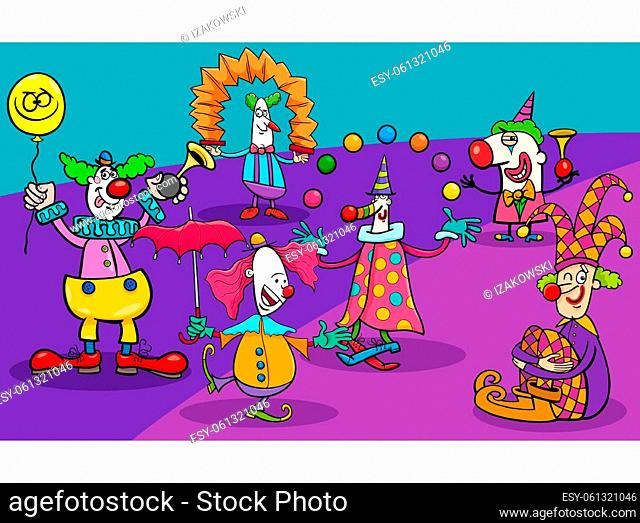 Cartoon illustration of funny circus clowns characters group
