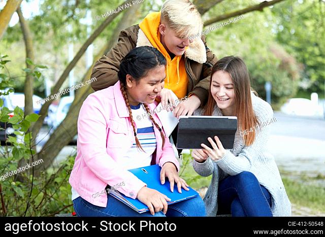 College students with digital tablet studying in park