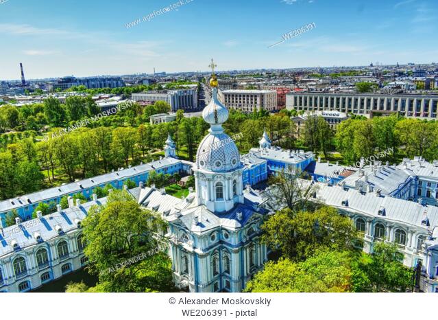 Aerial Smolny Monastery panorama. Saint Petersburg Russia