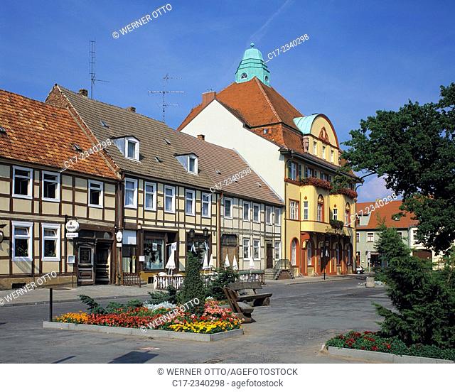 Germany. Kyritz, Jaeglitz, Prignitz, Brandenburg, market place, residential houses, half-timbered houses, flower bed