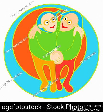 Happy Gemini sticker, clip-art hand drawn illustration of a cheerful cartoon character isolated on white
