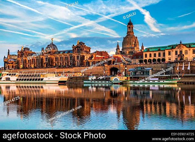 Dresden panorama with Bruhl Terrace (so called Balcony of Europe), the Church of Our Lady and the Elbe, Dresden, Saxony, Germany
