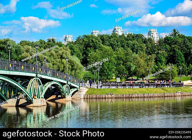 Moscow, Russia - June 08. 2016. The Footbridge across the pond in the estate of Tsaritsyno Museum