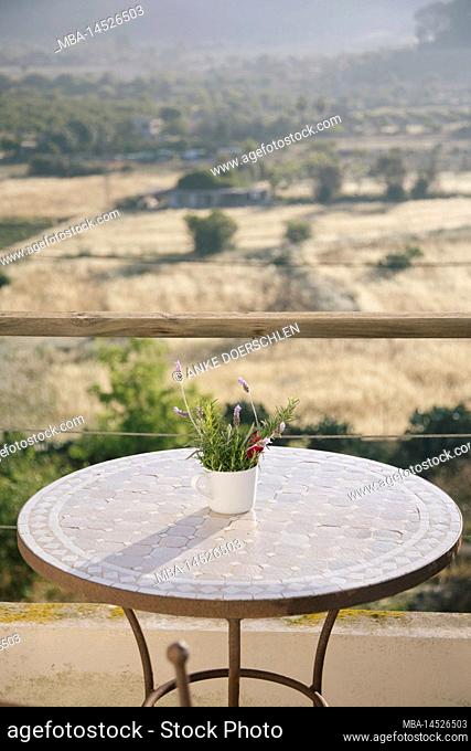 Bouquet of lavender on a table with a view of the valley