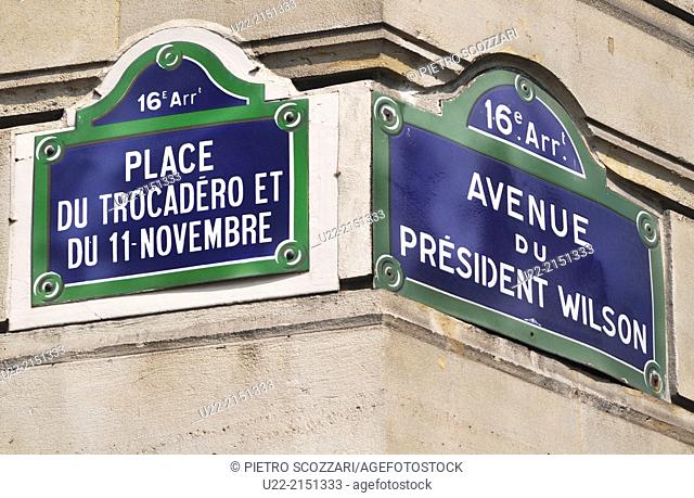 Paris, France, signs at the corner between Place de Trocadero and Avenue Wilson