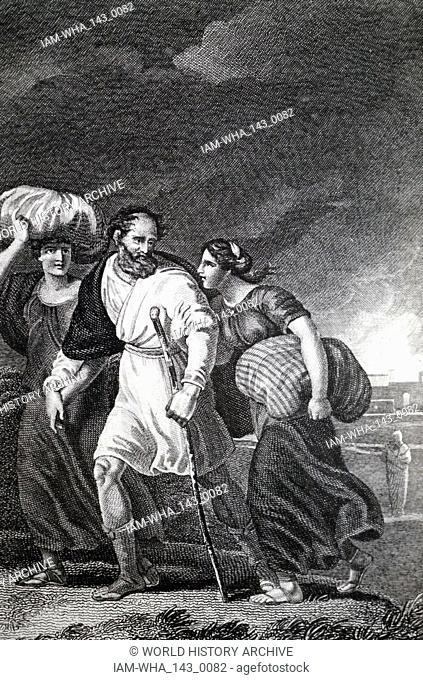 An engraving depicting Lot fleeing from Sodom and Gomorrah when an earthquake circa BC 1900 destroyed them. In the right background is Lot's wife turned to a...