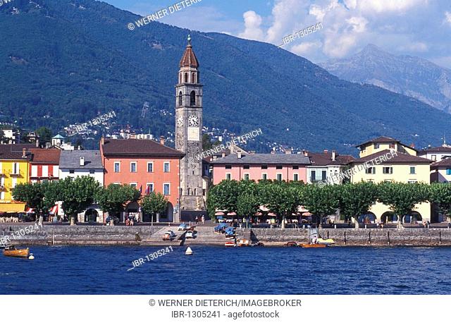 Panoramic view of the waterfront of Ascona, Lake Maggiore, Ticino, Switzerland, Europe