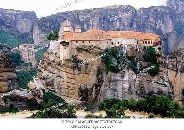 Varlaam (All Saints) Monastery and Roussanou Monastery (at the background). Meteora. Thessaly, Greece