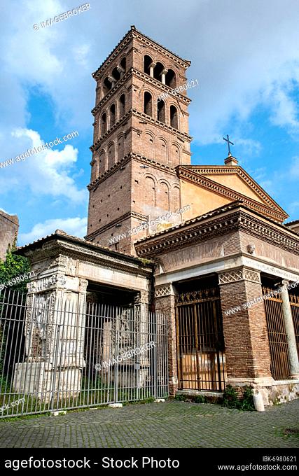 Church of San Giorgio al Velabro, antique marble arch of the money changers to the left, Forum Boarium, Rome, Lazio, Italy, Europe