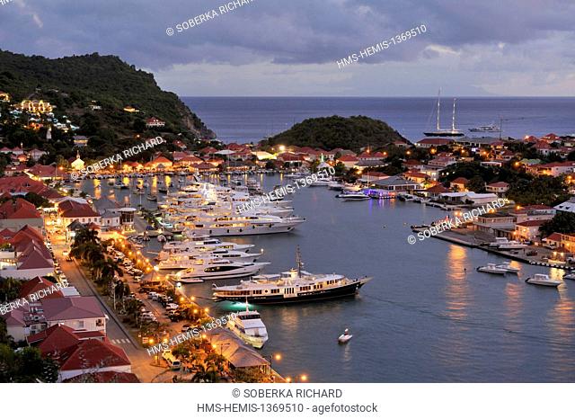 France, French West Indies, Saint Barthelemy, Gustavia, marina at night seen from the lighthouse